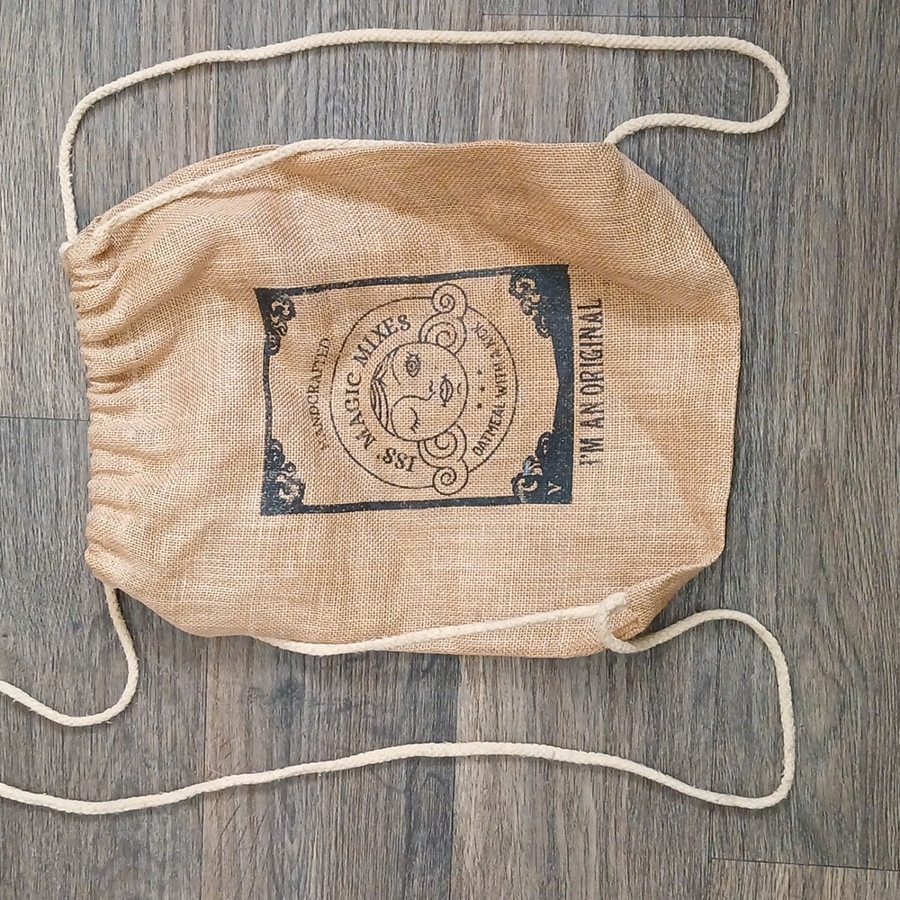 Handcrafted ISS' Magic Mixes I'm An Original Burlap Sack Backpack.